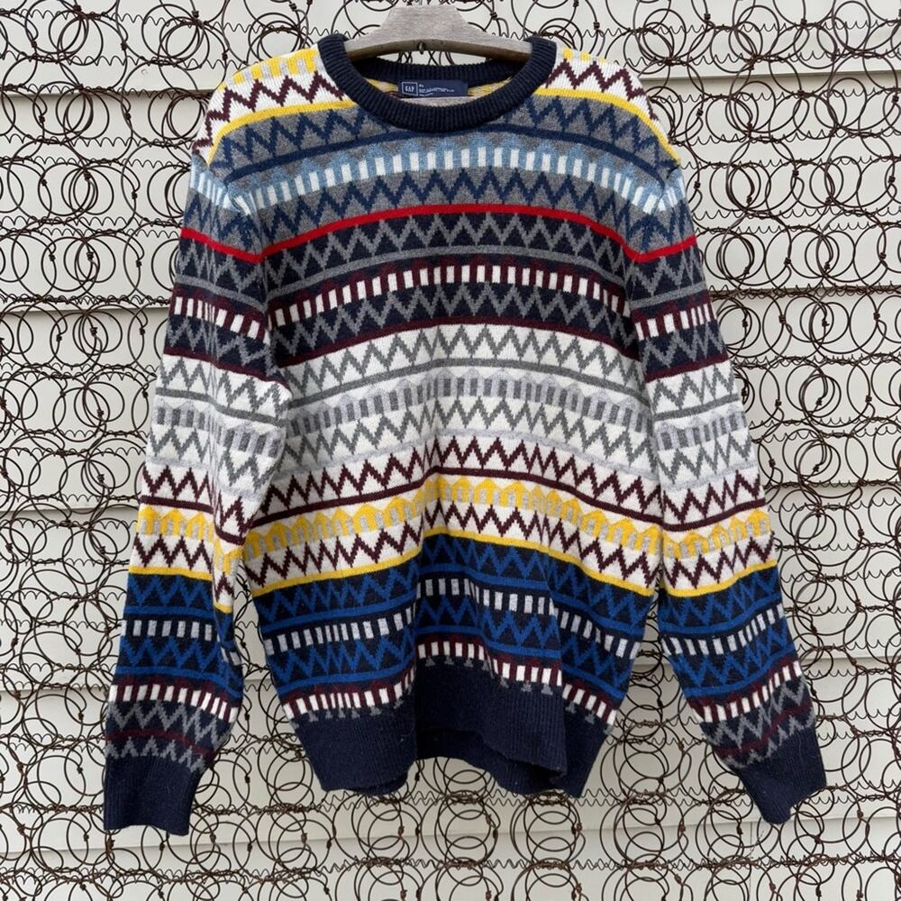 Gap Zig Zag Crewneck Patterned Multicolor Lambswool Sweater XL